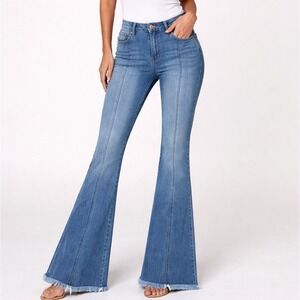 Kancan Womens Super Flare Jeans 29 Festival Y2K Frayed Hem Light Wash Front Seam